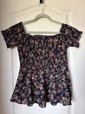 SHEIN Navy and Tan Floral Smocked Off-Shoulder Peplum Tunic